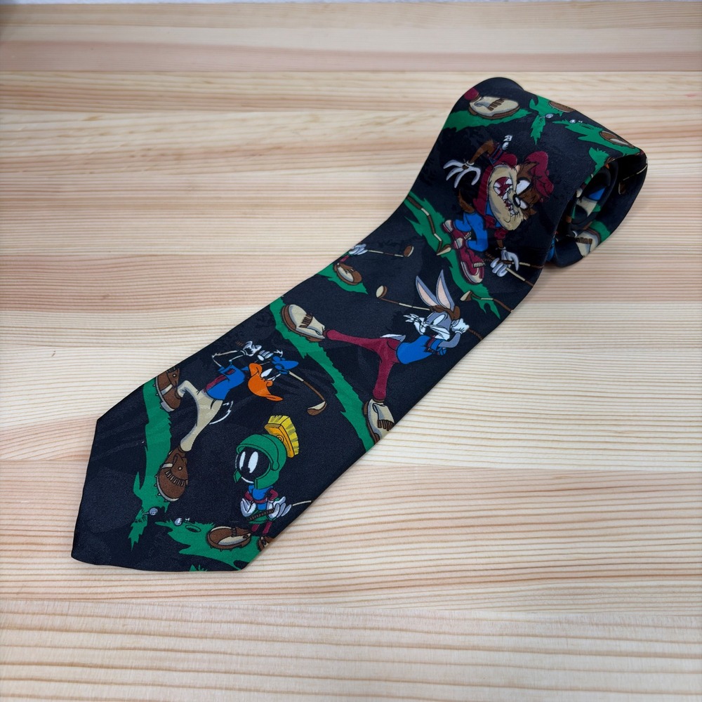 VTG 95 Looney Tunes Mania Golf Tie Men Black Bugs Bunny Marvin Martian Taz Daffy